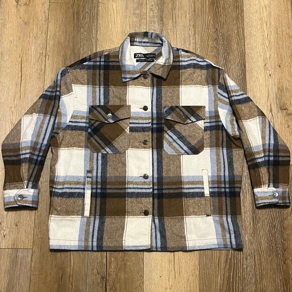 ZARA Oversized Plaid Shaket Jacket L Italian Wool Fabric Blue Brown Grunge 90s - Picture 2 of 7
